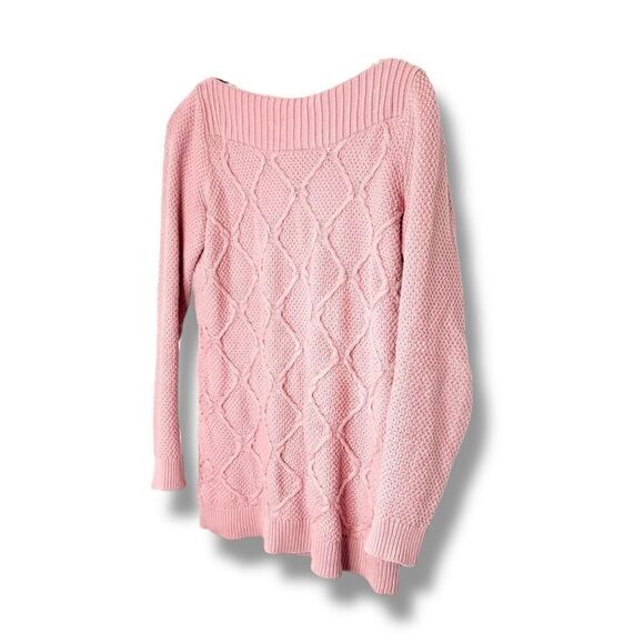 LOFT Dusty Pink Cable Knit Cotton Wide Neck Long Length Sweater Women’s Size XS - Picture 6 of 10